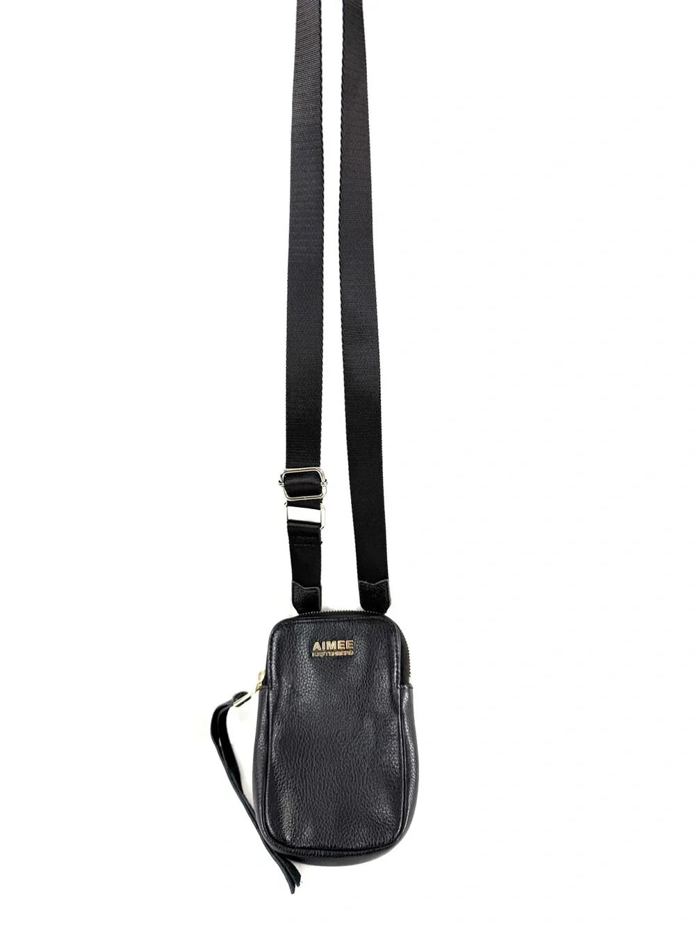 Aimee Kestenberg Black Pebbled Leather Mini Crossbody Bag Brass Zip Around